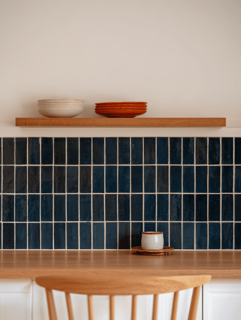 Cuisine moderne au design minimaliste avec dosseret en carreaux de céramique bleu foncé posés verticalement, comptoir en bois naturel, armoires blanches, tablette murale flottante en bois, vaisselle en céramique et chaise en bois clair