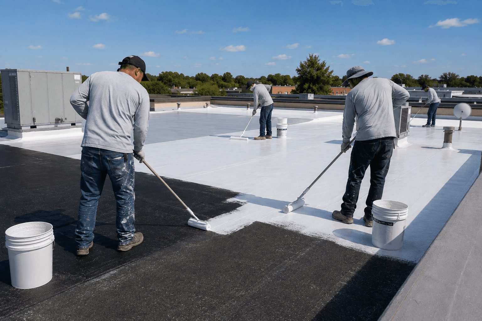 Travailleurs appliquant au rouleau un revêtement blanc réfléchissant sur un toit plat commercial afin d’améliorer l’étanchéité et la protection de la toiture