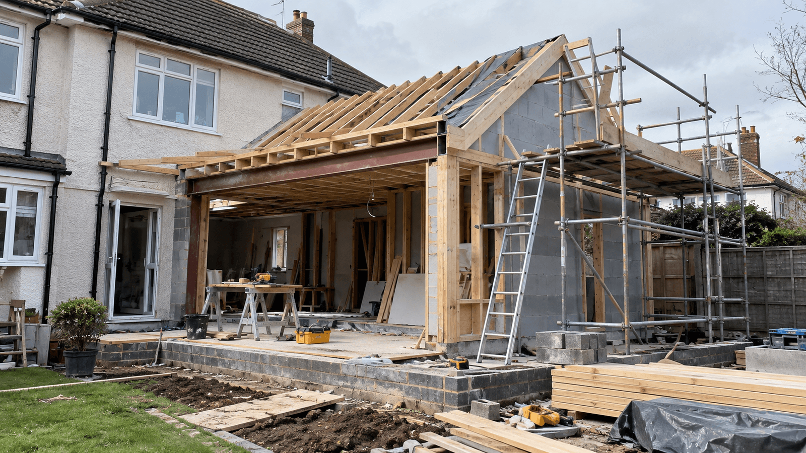 Extension de maison en construction avec charpente en bois, structure en blocs de béton, toiture en cours d’installation et échafaudage extérieur