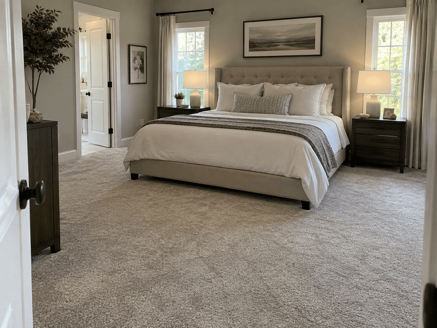 Chambre principale lumineuse et élégante, dotée d'un grand lit capitonné beige, d'une literie blanche, de tables de chevet en bois foncé, de lampes assorties et d'une moquette claire.