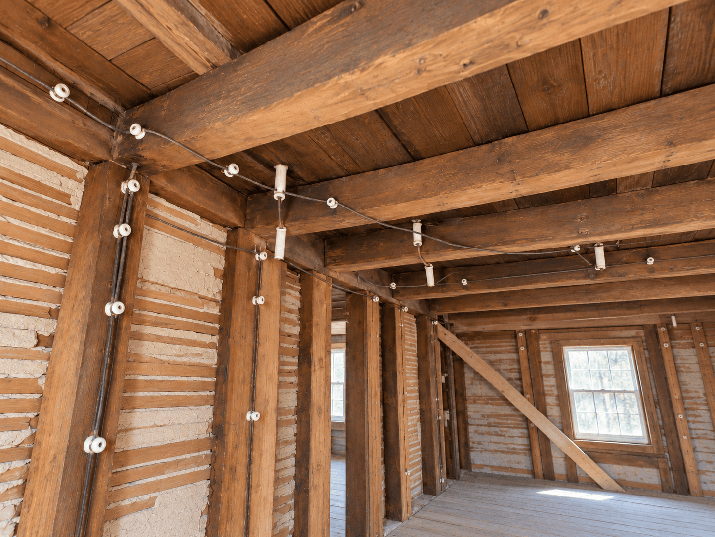 Ancienne installation électrique avec câblage apparent sur isolateurs en porcelaine, poutres et murs à lattes de bois exposés dans une maison en rénovation