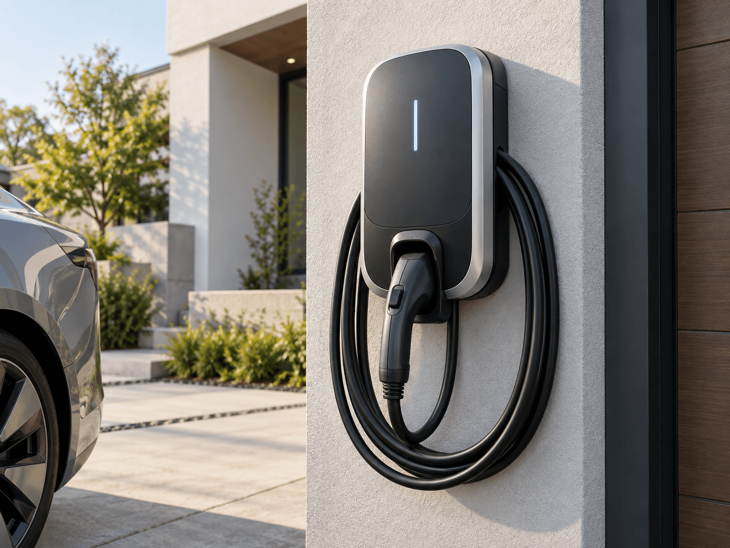 Borne de recharge pour véhicule électrique noire installée sur le mur extérieur blanc d'une maison moderne, avec câble enroulé et voiture électrique stationnée à proximité /&nbsp;Black electric vehicle charging station installed on the white exterior wall of a modern house, featuring a coiled charging cable and an electric car parked nearby