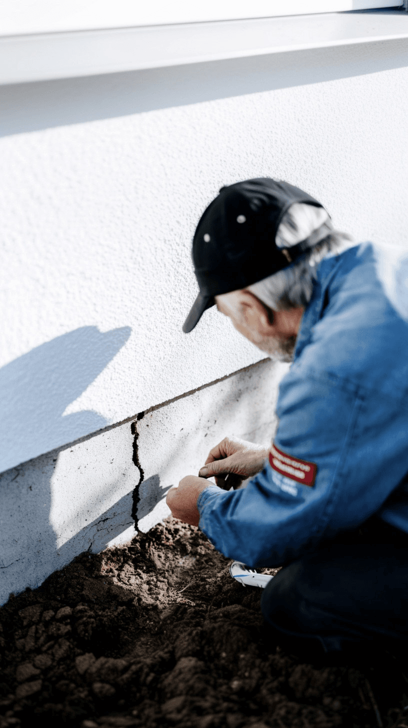 Inspection d’une fissure verticale dans une fondation en béton, au pied d’un mur extérieur résidentiel.