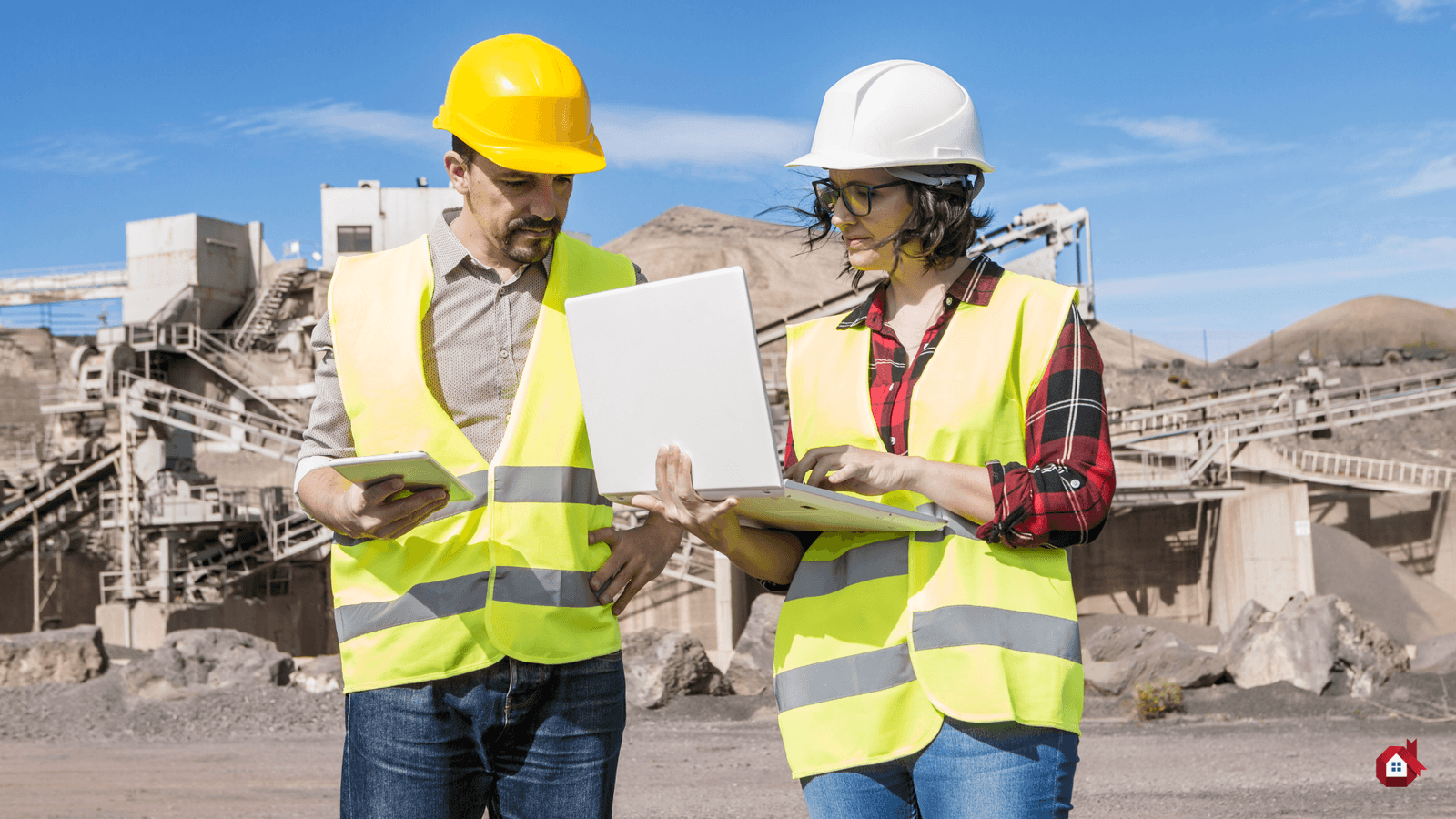 un homme et une femme devant un ordinateur sur un chantier de construction 