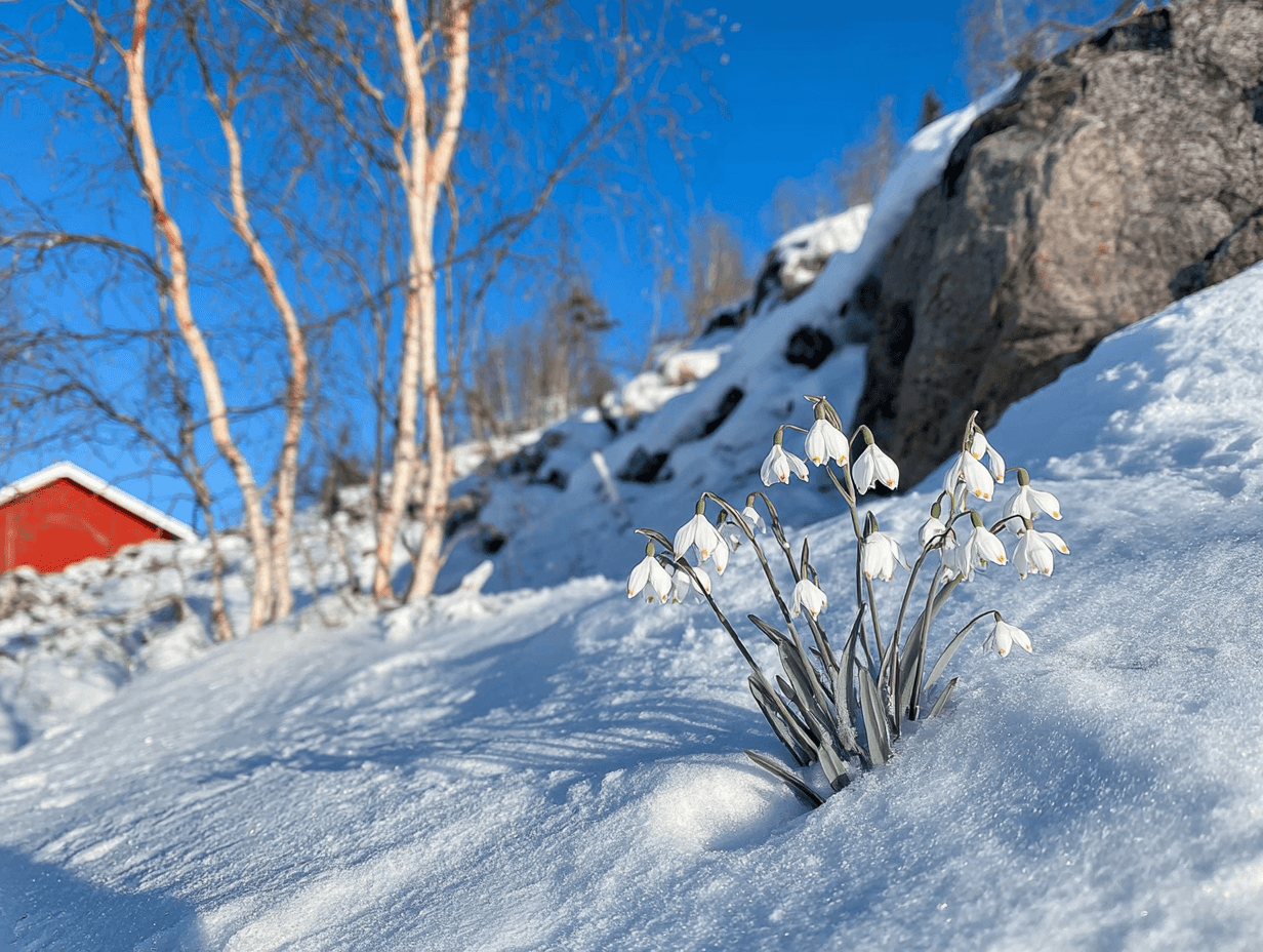 fleurs perce neige blanches émergeant de la neige paysage hivernal avec arbres bouleaux et chalet rouge sous ciel bleu