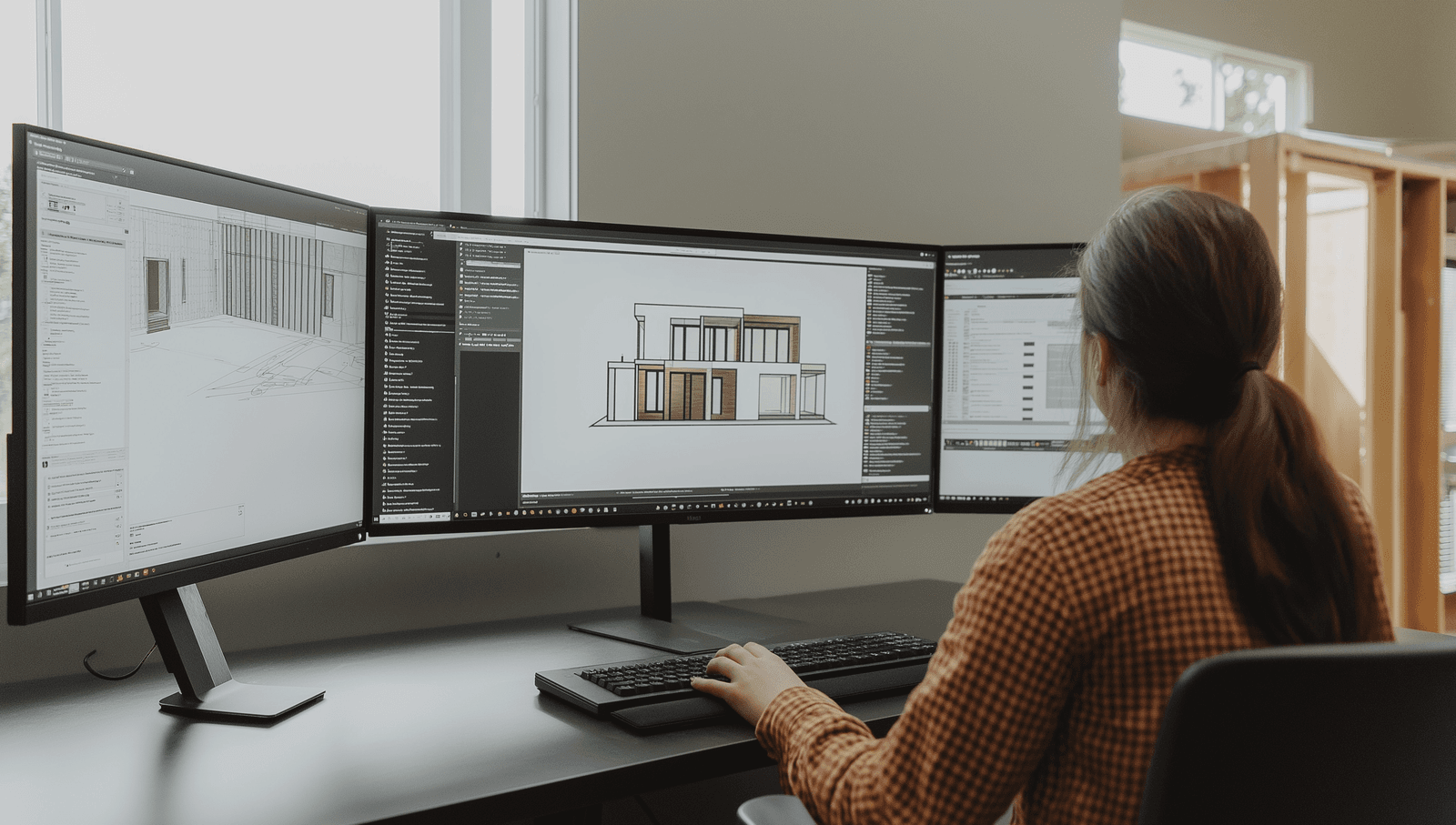Architecte travaillant sur un logiciel de modélisation 3D de bâtiment sur trois écrans d'ordinateur dans un bureau de conception moderne.