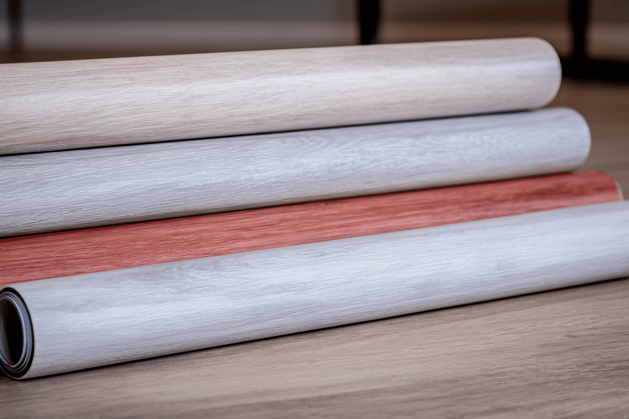 Rouleaux de revêtement de sol en vinyle avec finis imitation bois beige, gris et rouge présentés sur une surface en bois