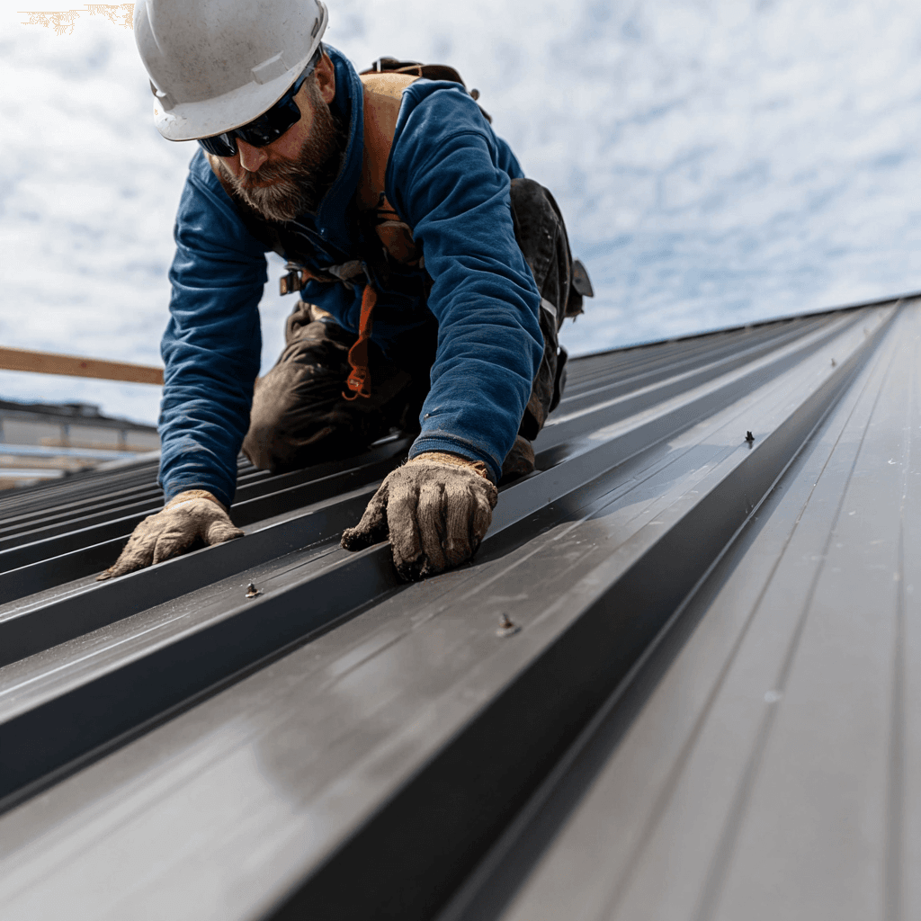 Couvreur portant un casque et des gants travaillant sur un toit en tôle métallique sous un ciel nuageux