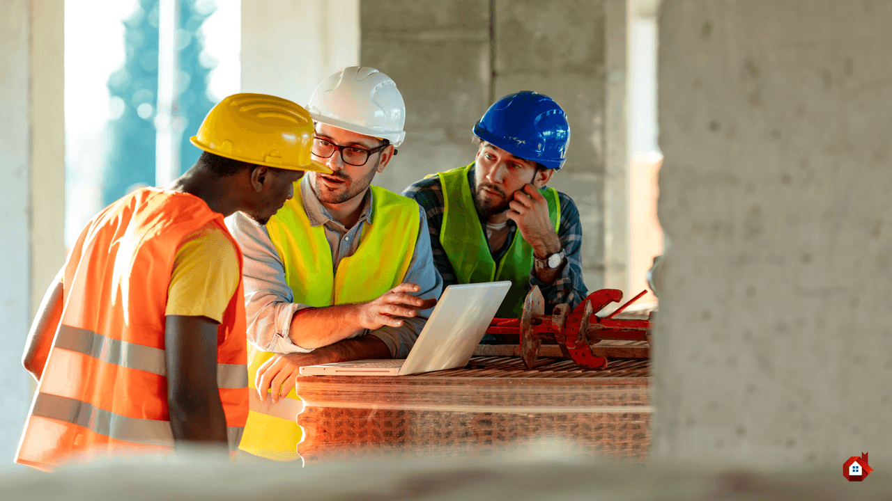 Trois travailleurs de la construction portant des casques de sécurité et des gilets haute visibilité discutant devant un ordinateur portable sur un chantier