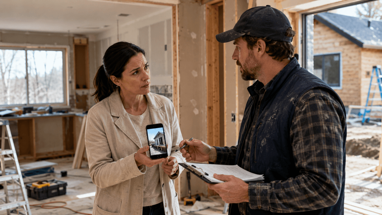 Propriétaire discutant avec un entrepreneur dans une maison en rénovation, en lui montrant une photo sur son téléphone pendant l’examen de documents de chantier