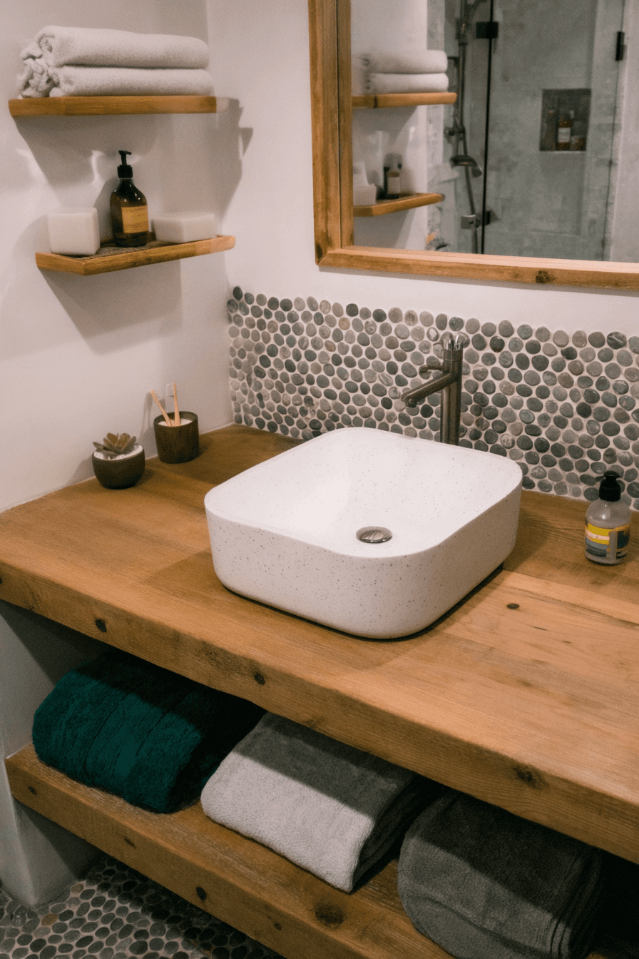 Salle de bain moderne avec vasque blanche sur comptoir en bois, robinet noir, miroir encadré, étagères murales et dosseret en galets décoratifs