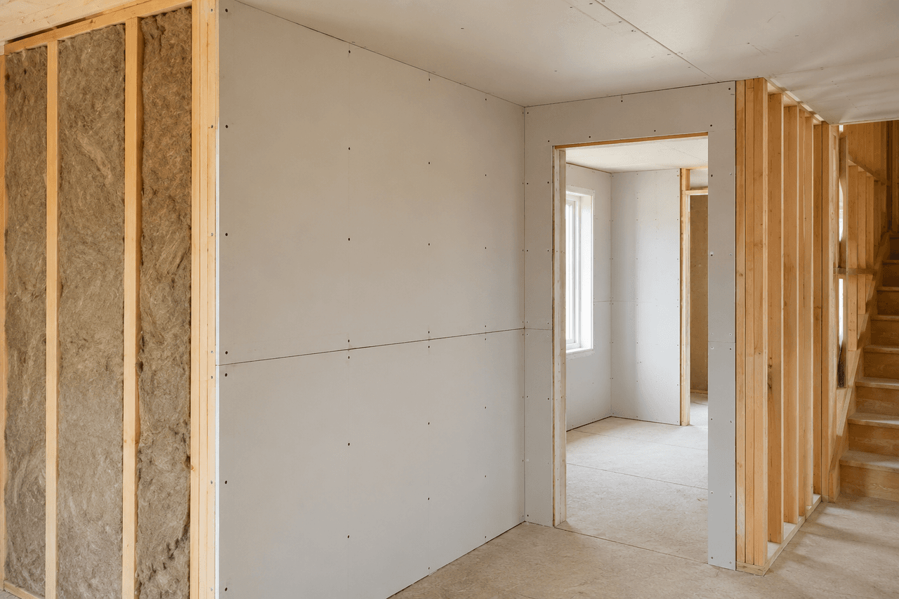 Mur intérieur en construction avec ossature en bois, isolation en laine minérale et panneaux de gypse installés avant les travaux de finition.