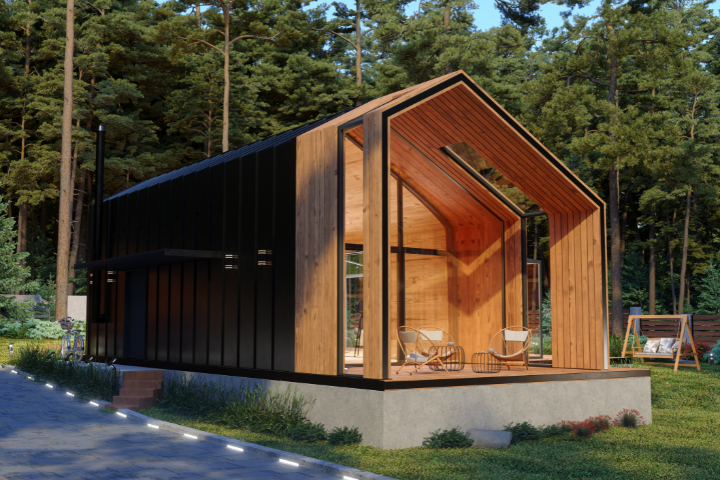 Maison avec revêtement extérieur en bois et revêtement métallique noir