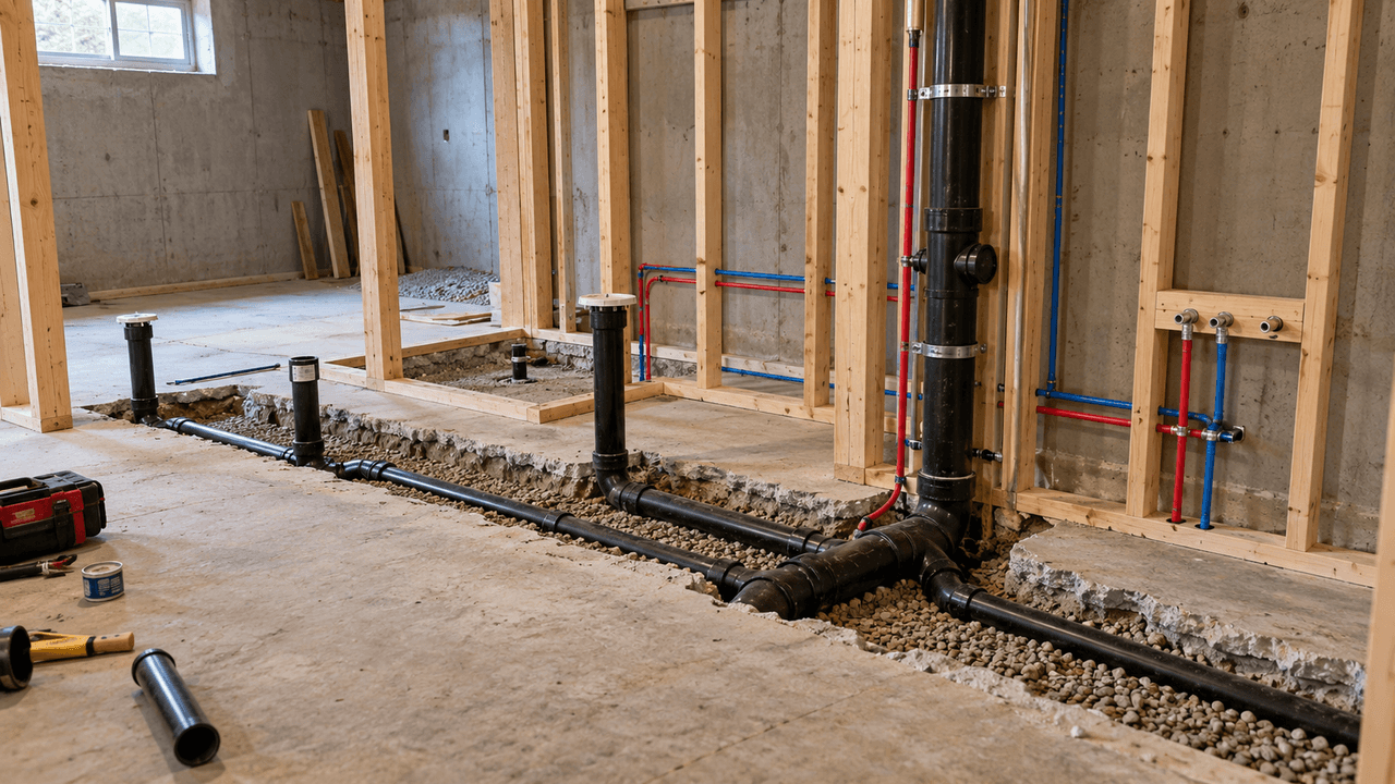 Installation de plomberie dans un sous-sol en rénovation avec conduites d’évacuation noires, tuyaux d’alimentation en eau rouge et bleu et ossature murale en bois