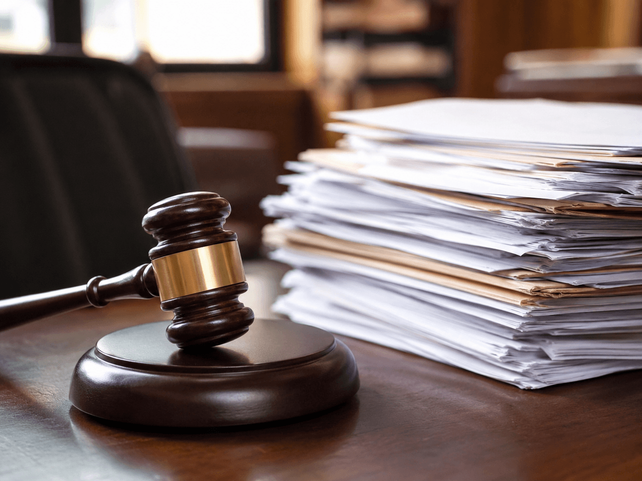 Marteau de juge en bois posé sur un bureau à côté d’une pile de dossiers juridiques dans un environnement de droit ou de tribunal