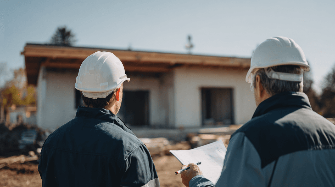 Deux professionnels de la construction portant des casques de sécurité examinent des plans devant une maison en chantier lors d’une inspection et d’un suivi de projet résidentiel