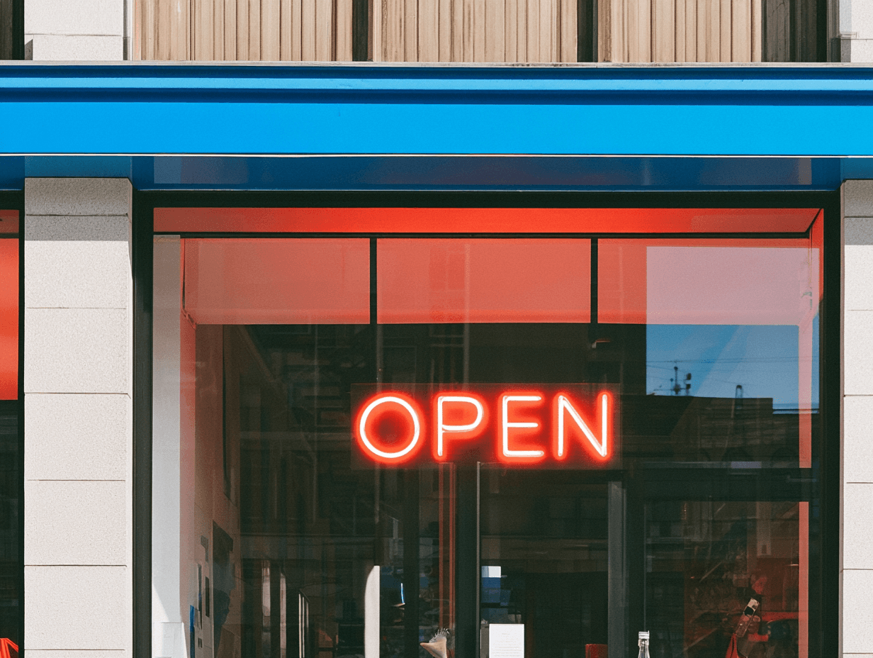 Vitrine de commerce moderne avec enseigne néon rouge OPEN, encadrement noir, auvent bleu et accents rouges sur la façade