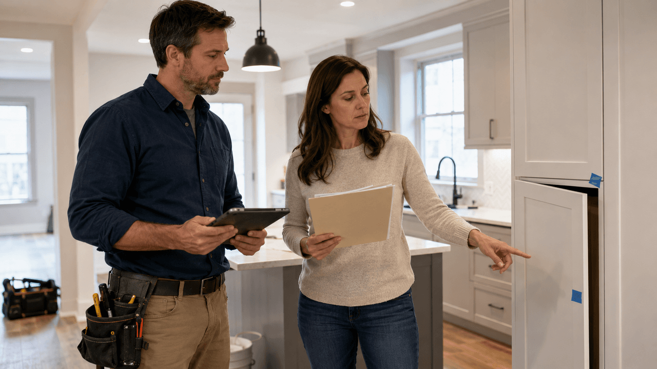 Français : Entrepreneur en rénovation consultant une tablette avec une cliente dans une cuisine moderne, alors qu’elle signale un élément à corriger sur une armoire