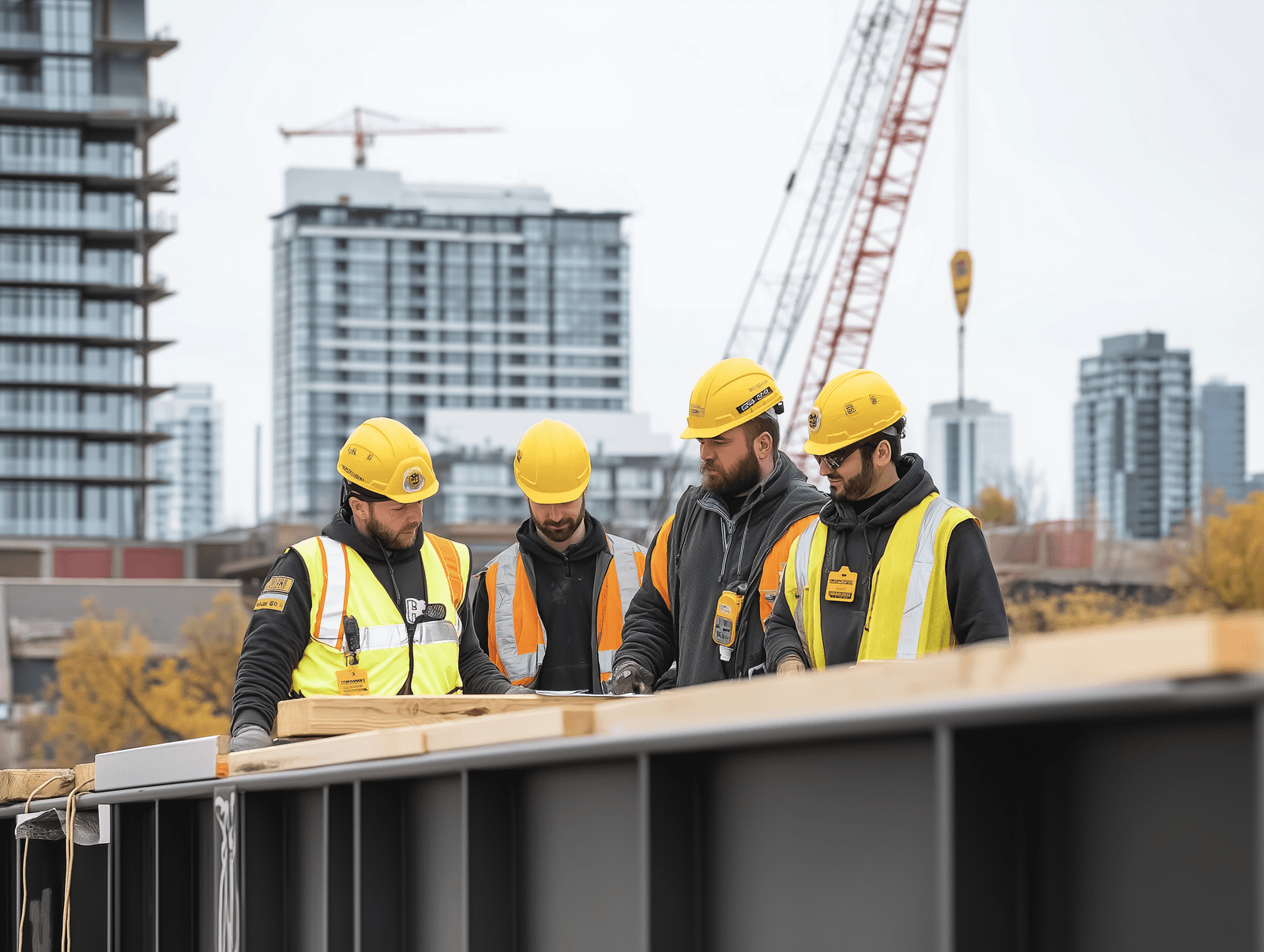 Des travailleurs de la construction portant des casques de sécurité jaunes et des gilets haute visibilité collaborent sur un chantier urbain, avec des grues et des immeubles de grande hauteur en arrière-plan.