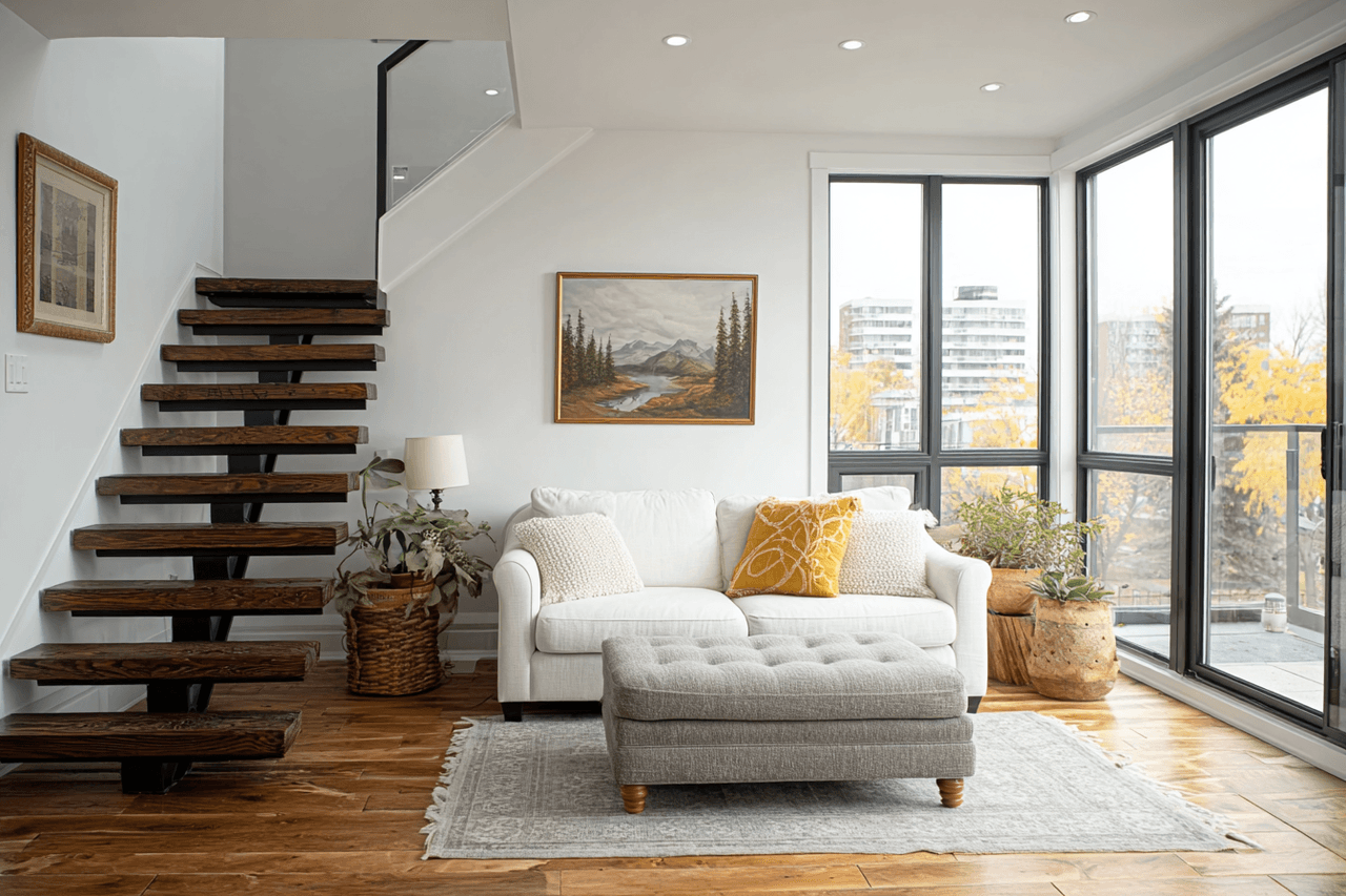 Salon lumineux rénové avec escalier en bois, grandes fenêtres, canapé blanc et plancher de bois franc