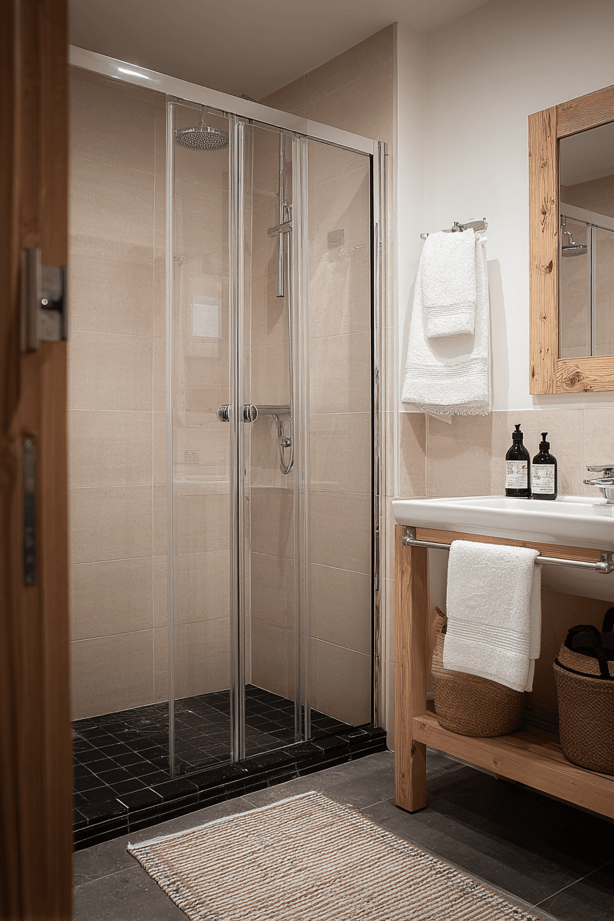 Salle de bain moderne avec douche vitrée, carrelage beige, plancher foncé, lavabo blanc, miroir encadré en bois et serviettes blanches