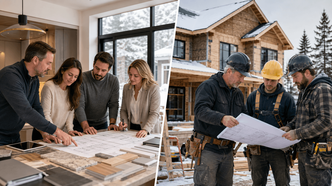 Collage montrant une équipe de professionnels examinant des plans et des échantillons de matériaux à l’intérieur, ainsi que des travailleurs de la construction consultant des plans devant une maison en chantier