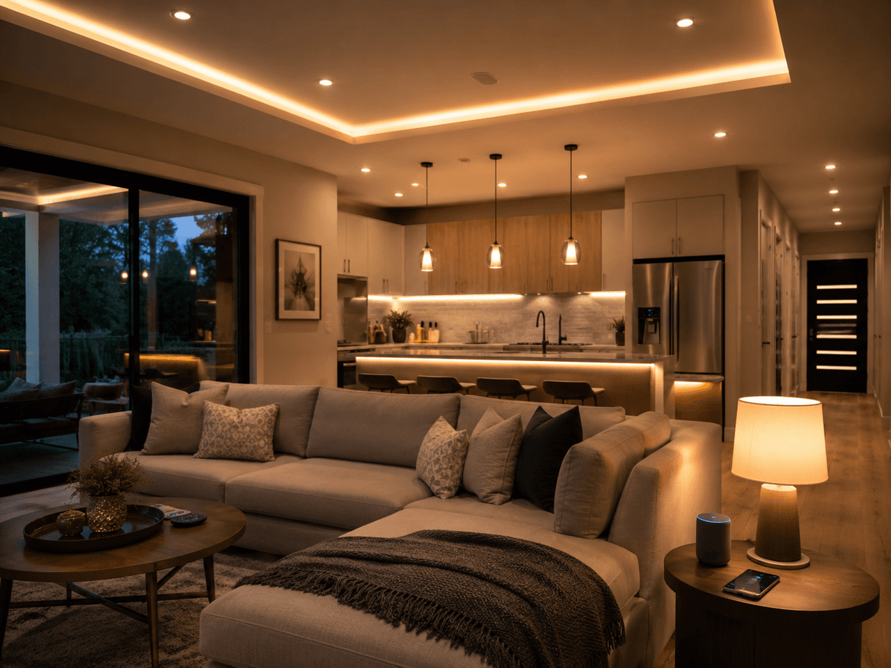 Salon et cuisine à aire ouverte de style contemporain avec éclairage DEL encastré, îlot central, grandes portes vitrées et mobilier moderne