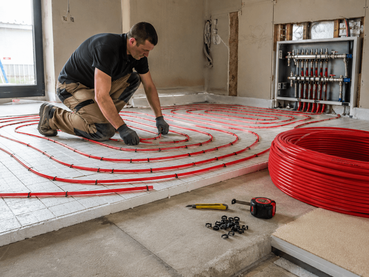 Installateur posant des tuyaux rouges de chauffage radiant hydronique au sol, reliés à un collecteur mural dans une maison en rénovation