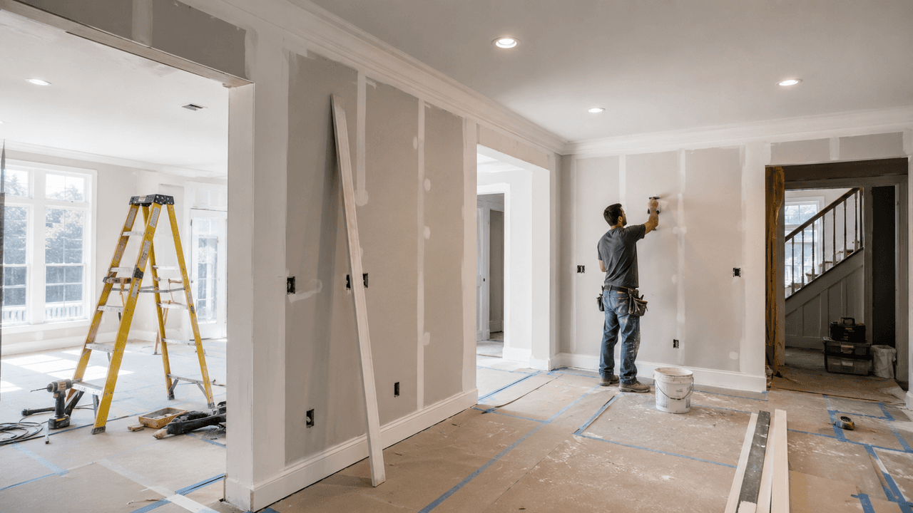 Travailleur appliquant du composé à joints sur des murs de gypse dans une maison en rénovation, avec escabeau, outils et surfaces protégées au sol