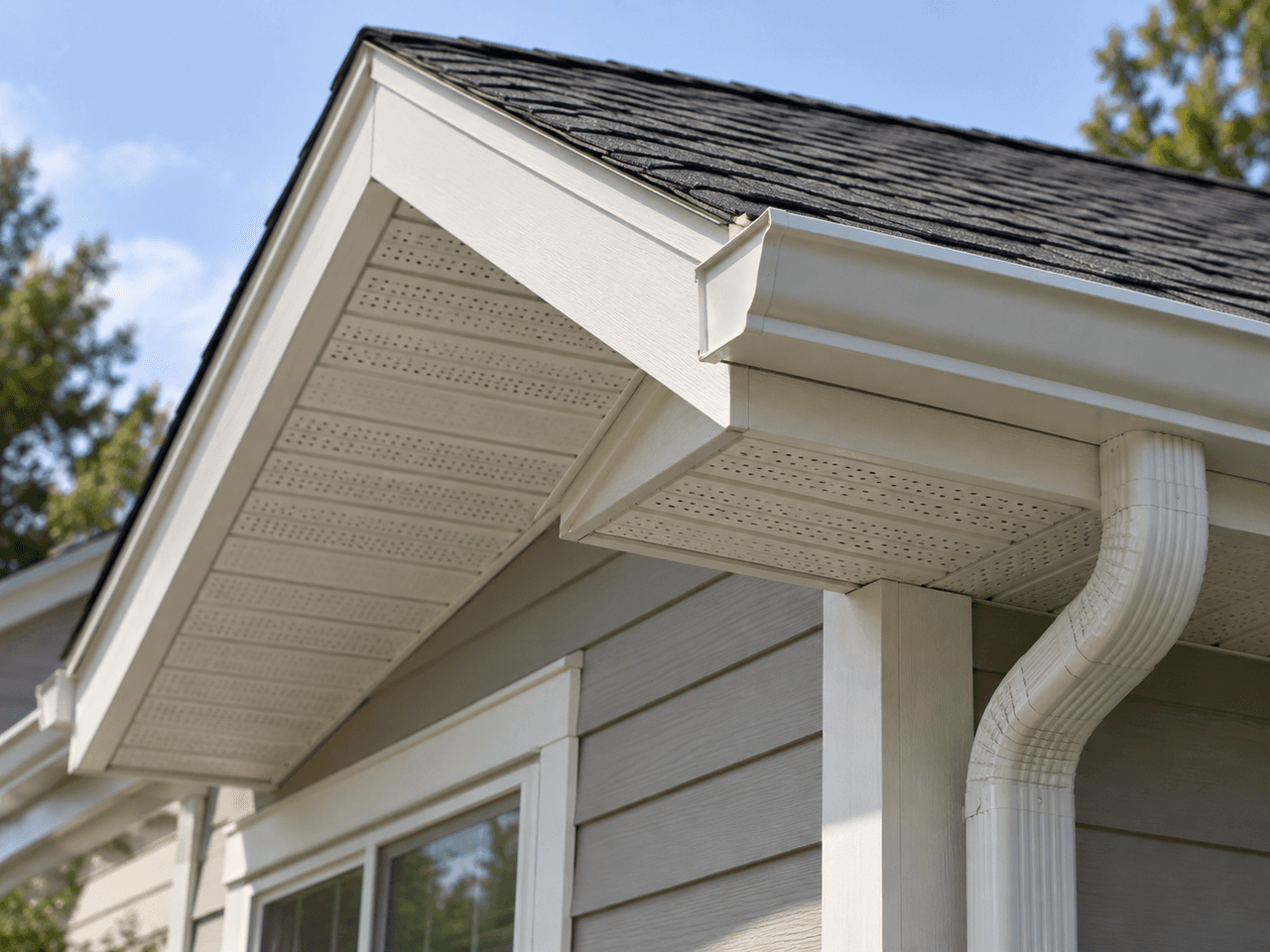 Détail extérieur d’une toiture résidentielle avec bardeaux, gouttière blanche, descente pluviale, soffites perforés et fascias sur une maison au revêtement gris