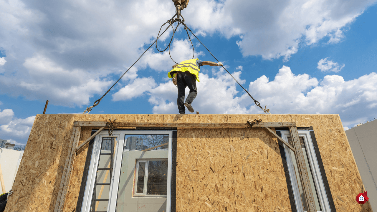 Vue en contre-plongée d'un travailleur sur le toit d'un module de maison préfabriquée en bois soulevé par les câbles d'une grue