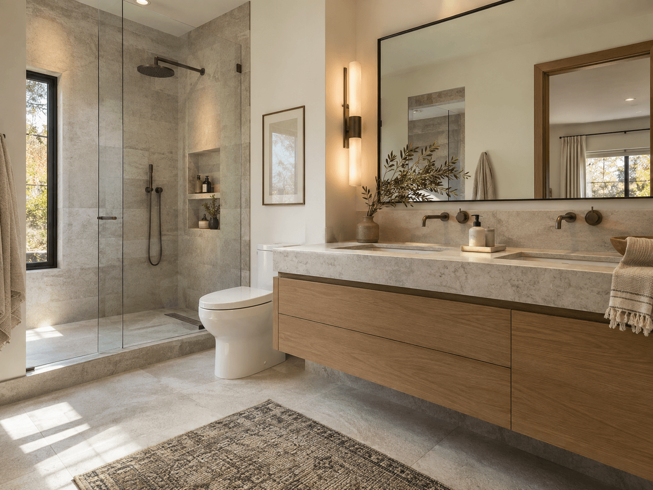 Salle de bain moderne et chaleureuse avec douche vitrée en pierre, meuble-lavabo double en bois, grand miroir et robinetterie murale