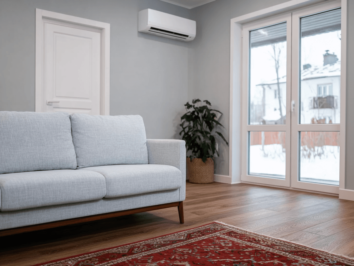 Salon moderne avec canapé gris, plancher de bois, grandes portes vitrées et unité murale de thermopompe ou de climatisation