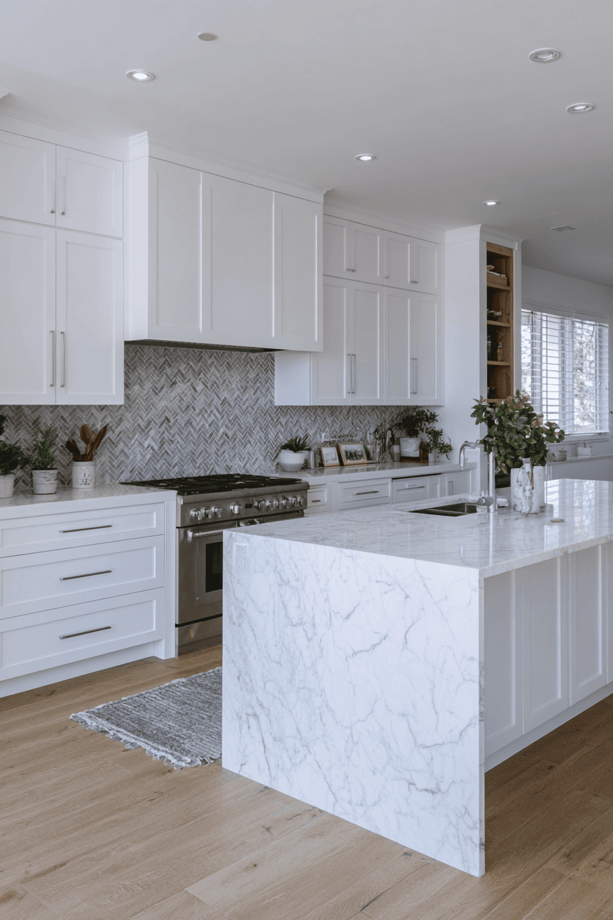 Cuisine moderne blanche avec îlot central en marbre, armoires encastrées, dosseret en chevrons, plancher de bois et éclairage encastré