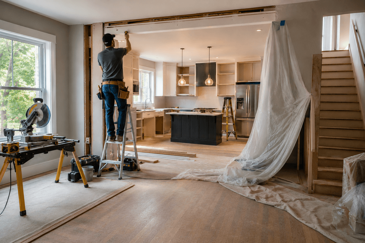 Travailleur réalisant des travaux de finition autour d’une grande ouverture entre un salon et une cuisine en rénovation, avec escabeau, scie à onglets et protections en plastique.