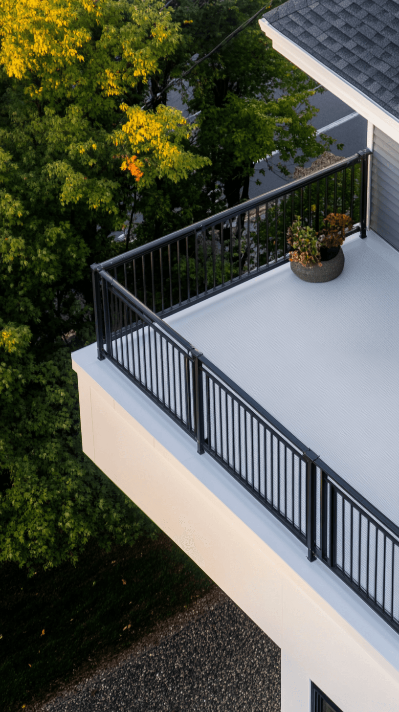 Terrasse moderne suspendue avec garde-corps noir en aluminium, revêtement gris et vue sur des arbres matures en milieu résidentiel