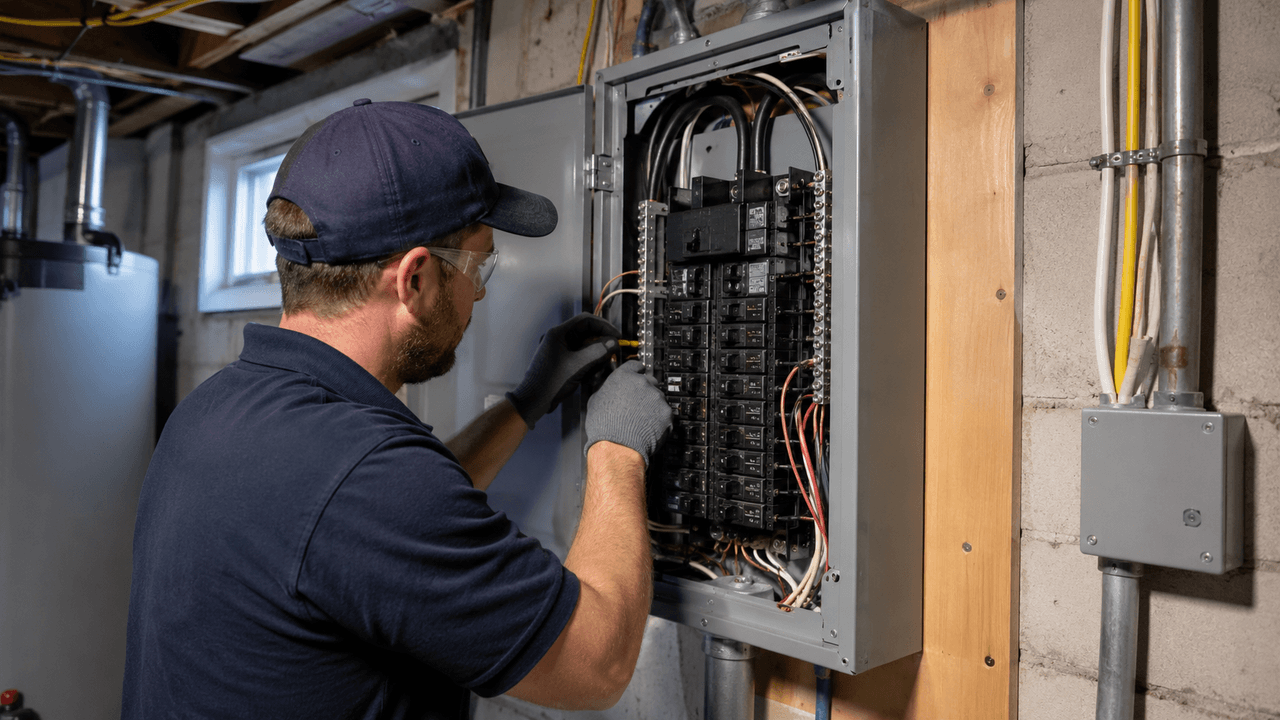 Électricien travaillant sur un panneau électrique résidentiel ouvert dans un sous-sol, avec disjoncteurs, câblage et conduits visibles