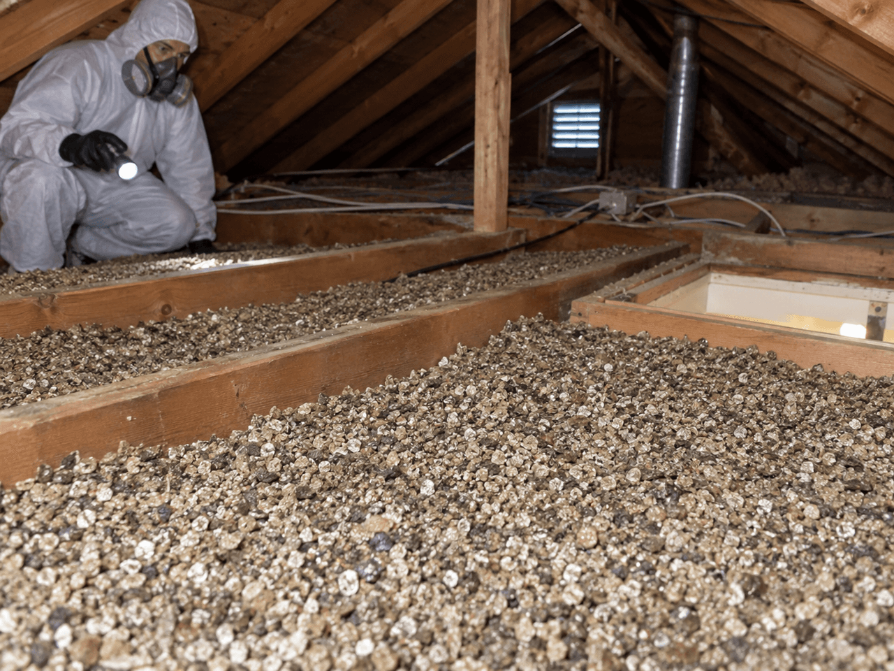 Technicien en combinaison de protection et respirateur inspectant un grenier avec isolation granulaire en vrac entre les solives de bois à l’aide d’une lampe de poche