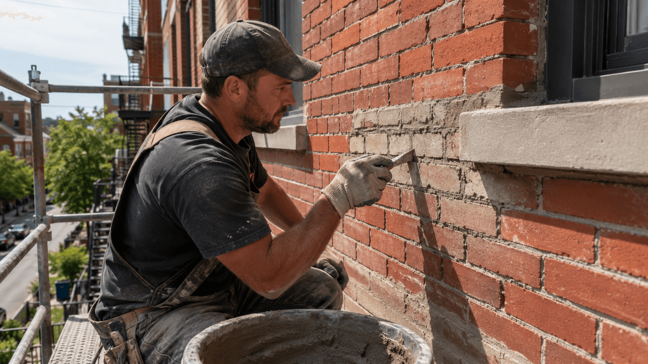 Maçon réparant un mur extérieur en brique avec du mortier à l’aide d’une truelle, depuis un échafaudage sur un bâtiment résidentiel urbain