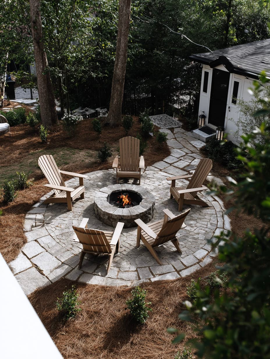 Cour arrière aménagée avec foyer circulaire en pierre, chaises Adirondack, patio pavé en pierre naturelle, sentier paysager, arbres et arbustes.