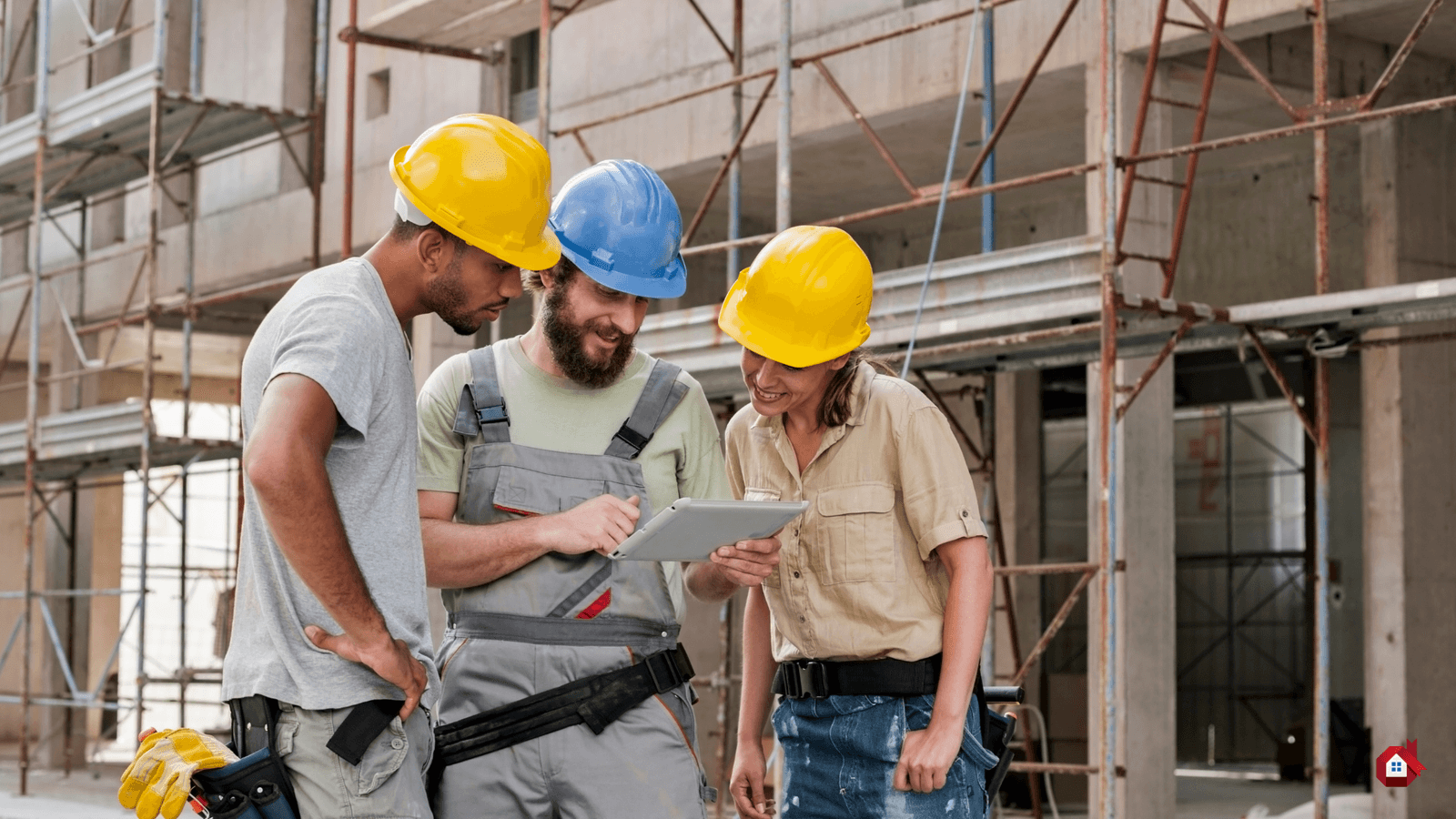 Travailleur de la construction sur un chantier avec un ordinateur portable
