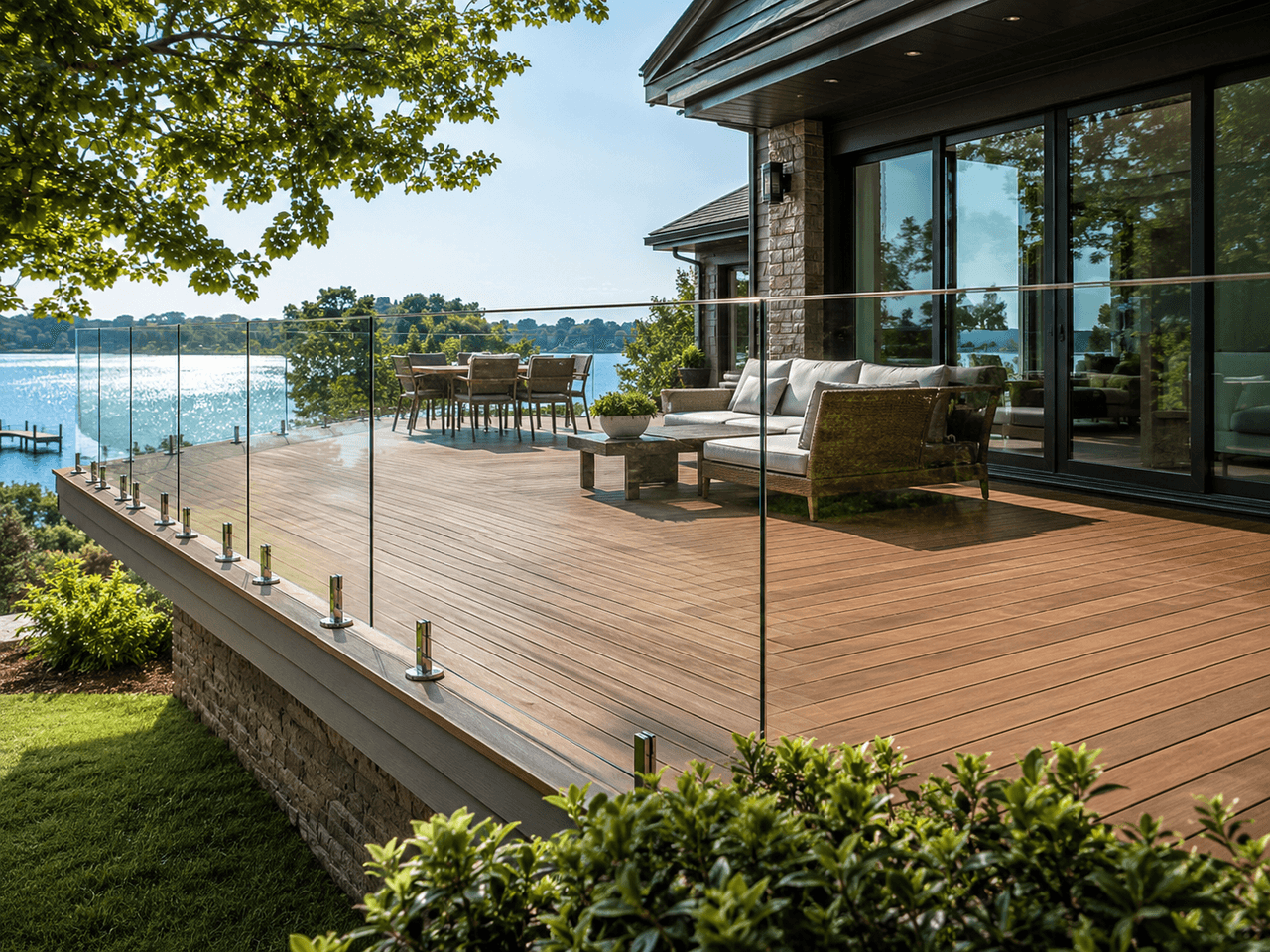 Grande terrasse moderne en bois composite avec garde-corps en verre, mobilier extérieur et vue panoramique sur un lac, attenante à une résidence contemporaine