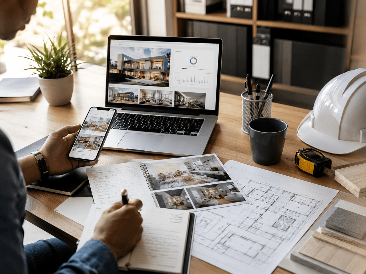 Professionnel de la construction consultant des projets résidentiels sur un ordinateur portable et un téléphone, entouré de plans architecturaux, d’échantillons de matériaux et d’un casque de chantier.