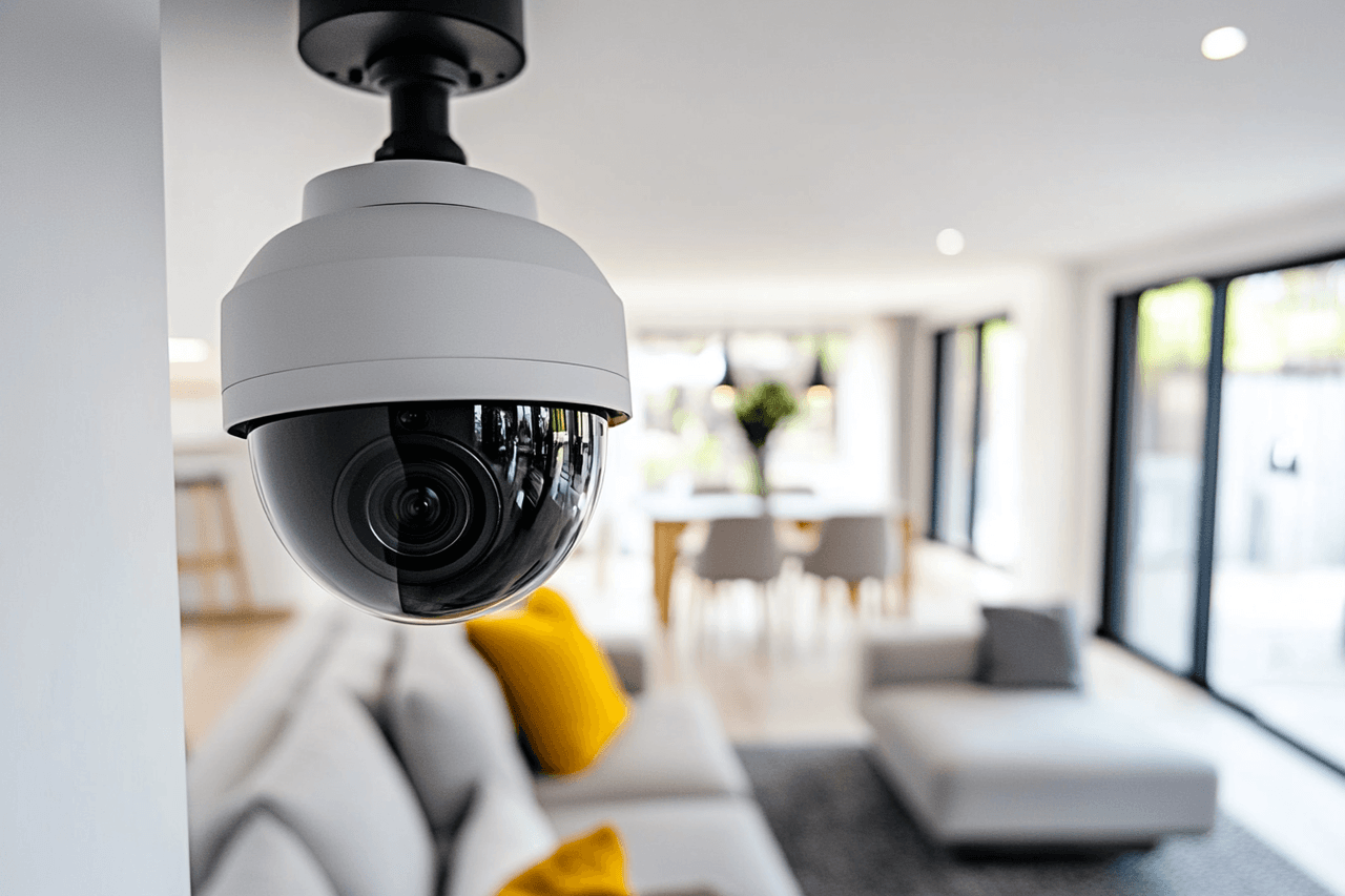 Caméra de surveillance intérieure installée au plafond dans un salon moderne avec grandes fenêtres et mobilier clair.