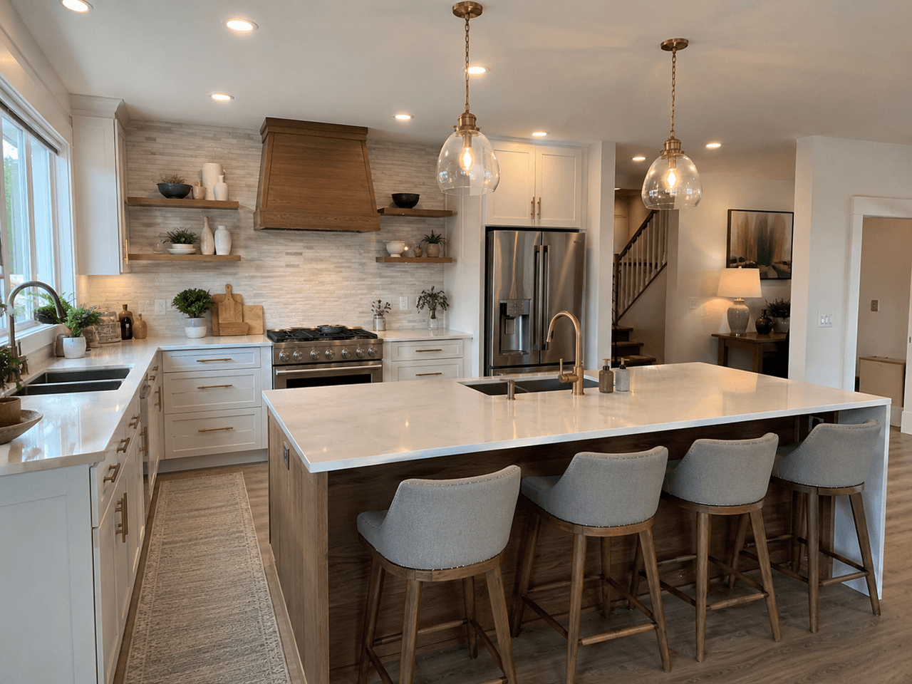 Cuisine élégante et lumineuse avec grand îlot central, comptoir en pierre blanche, armoires blanches, hotte en bois, luminaires suspendus en verre et tabourets rembourrés.