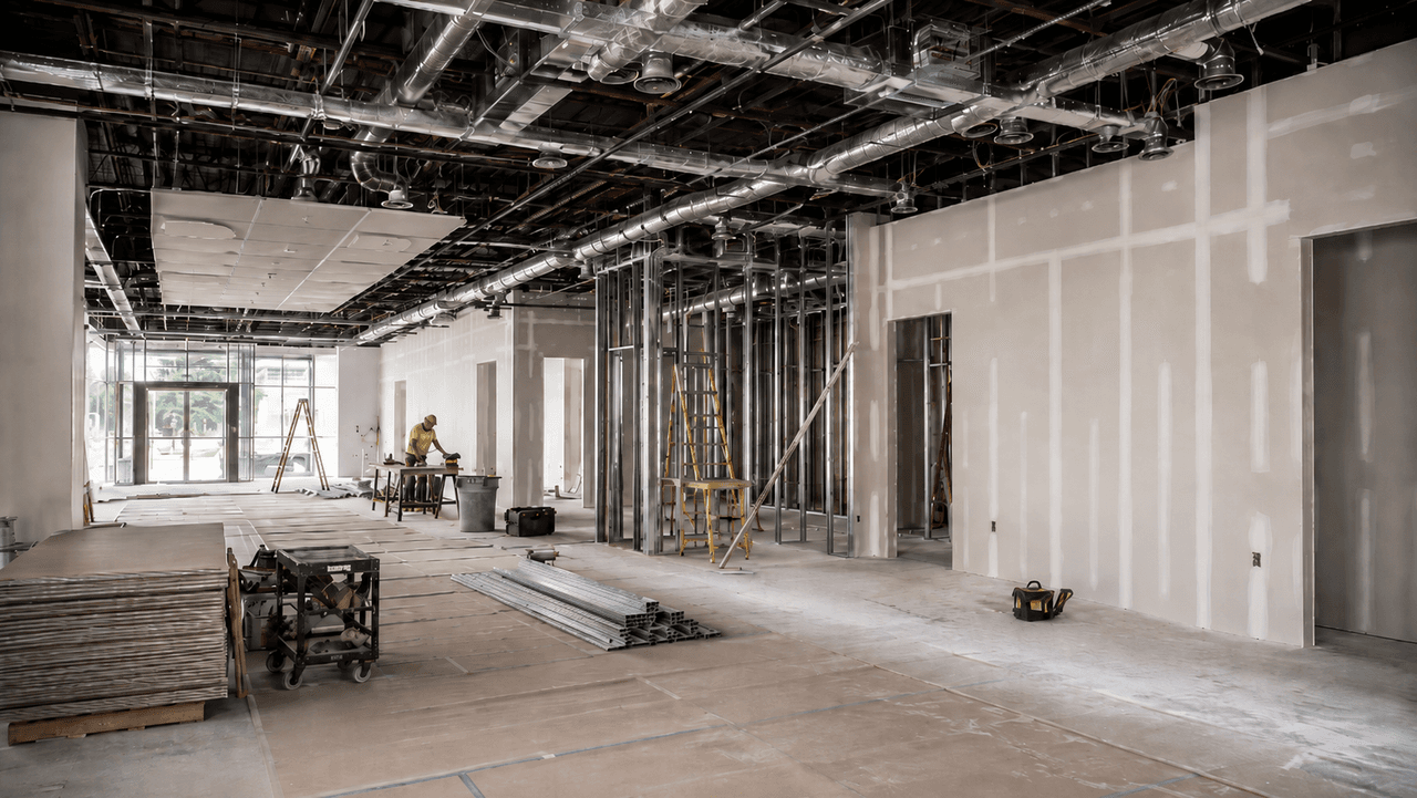 Espace commercial en rénovation avec murs de gypse, ossature métallique apparente et vaste réseau de conduits de ventilation au plafond