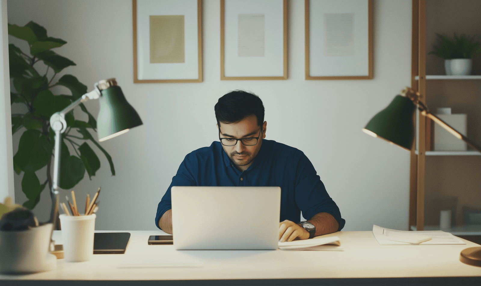 Homme travaillant sur un ordinateur portable dans un bureau moderne avec éclairage de bureau vert, plantes décoratives et cadres minimalistes au mur.