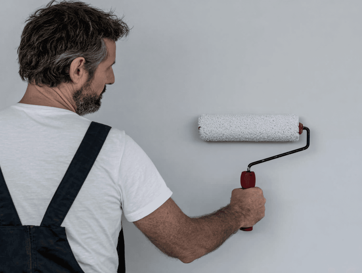 Peintre appliquant une couche de peinture blanche au rouleau sur un mur intérieur.