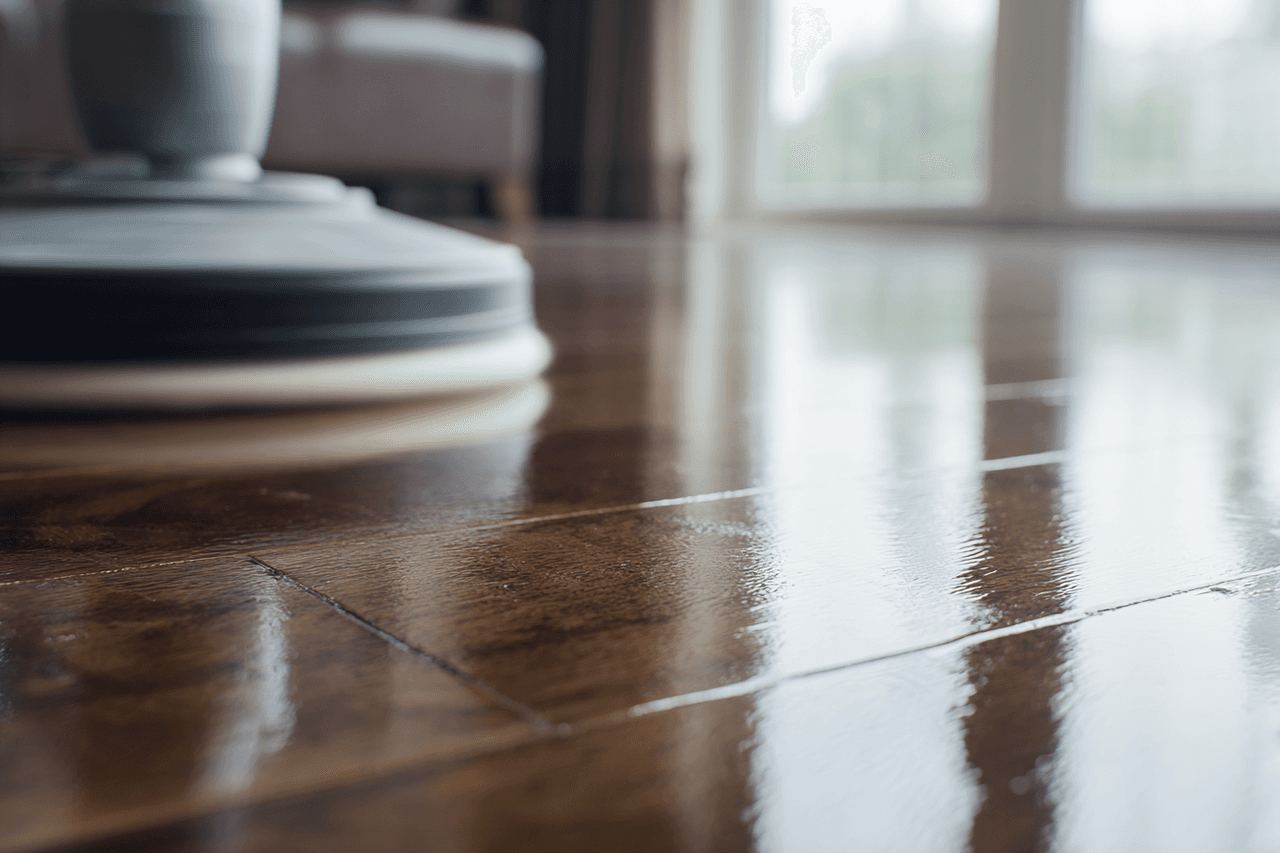 Plancher en bois franc verni avec finition brillante et polissage professionnel dans un salon lumineux