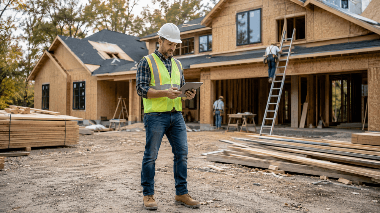 Professionnel de la construction consultant une tablette devant une maison neuve en cours de construction, avec ouvriers, échelles et matériaux de charpente sur le chantier